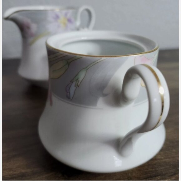 MIKASA Charisma Gray L9049 Creamer and Sugar Bowl w/Lid Floral Gold Trim Japan - Picture 2 of 14